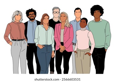 Business team members standing together. Business men, women in formal outfits taking part in business activities. Vector colored line art illustration isolated on white background.