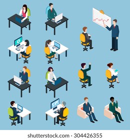 Membros da equipe de negócios no trabalho analisando a apresentação de compartilhamento e colaborando pictogramas isométricos definir ilustração vetorial isolada abstrata