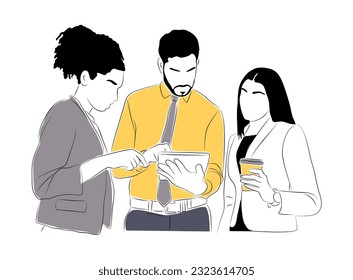 Business team members working together scene. Business men, women Meeting, brainstorming, discussing, taking part in business activities. Vector colored line art illustration on white background.