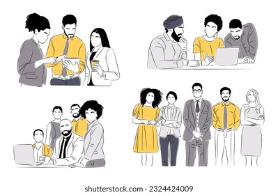 Business team members working together scene. Business men, women Meeting, brainstorming, discussing, taking part in business activities. Vector colored line art illustration on white background.