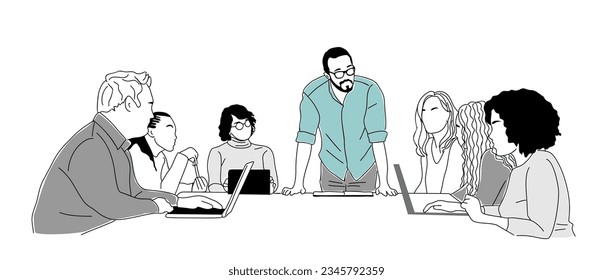 Business team members working together. Set of businessmen and businesswomen cartoon characters discussing, brainstorming. Vector simple outline hand drawn illustration Isolated on white background