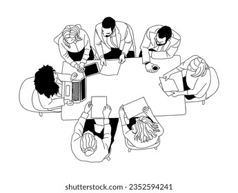 Miembros del equipo de negocios trabajando juntos en la vista superior. Empresarios, empresarias sentadas alrededor del escritorio discutiendo, dando tormentas de ideas. Ilustración de contorno simple vectorial Aislado en fondo blanco