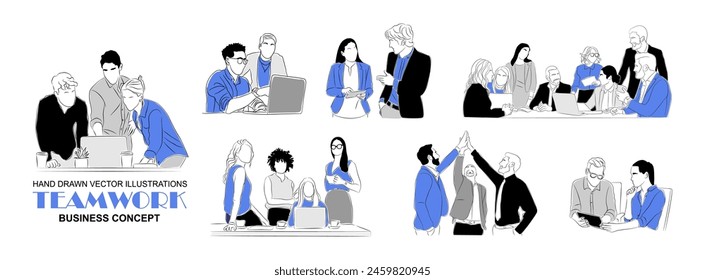 Business team members working together scenes. Business men and women Meeting, brainstorming, discussing, taking part in business activities. Vector colored line art illustrations isolated on white. 