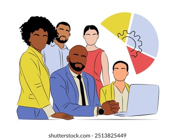 Business team members working together scene. Business men and women Meeting, brainstorming, discussing, taking part in business activities. Vector colored outline drawing on white background.
