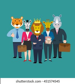 business team men and women with animals heads tiger zebra lion giraffe rhino