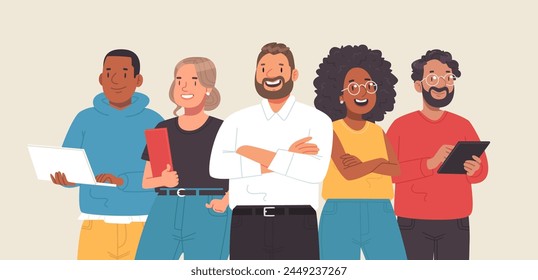 Business team. Men and women, colleagues stand together. Portrait of company employees. Vector illustration in flat style