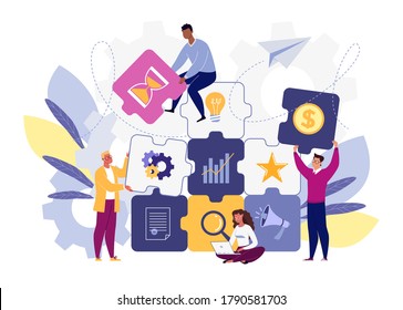 Business team metaphor. The concept of building a business system, solving problems, brainstorming, recruiting, teamwork, collaboration. Vector illustration in flat cartoon style.