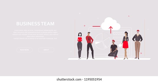 Business team - modern flat design style colorful banner on gray background with copy space for your text. A composition with employees, managers showing diagram sectors. Analytics, analyses concept