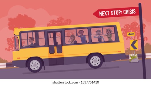 Business team moving fast to crisis. Businessmen and businesswomen in a bus riding down to a crash accident and catastrophe, company damage and financial disaster on next stop. Vector illustration