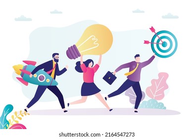 Business team moving forward. Development of business project from idea to goal. Successful new startup management, teamwork. Colleagues working together. Every manager has part of job. Flat vector