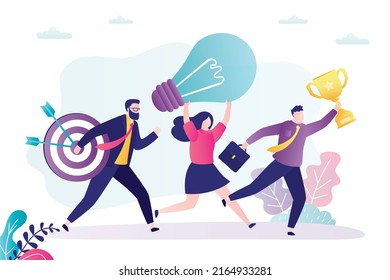 Business team moving forward. Development of business project from idea to goal. Successful new startup management, teamwork. Colleagues working together to profit. Every manager has part of job.