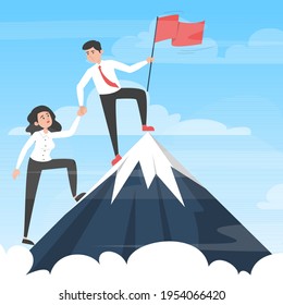 Business team moving towards victory. Take your business to the next level concept. Vector illustration of woman and man in suit on top of the mountain with red flag as symbol of success.