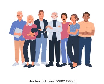 Business team. Multiethnic group of people, company department employees. Colleagues stand together, men and women on a white background. Vector illustration in flat style