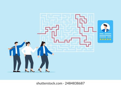 Business team navigating maze with candidate profiles complex recruitment process finding right path strategic hiring overcoming challenges