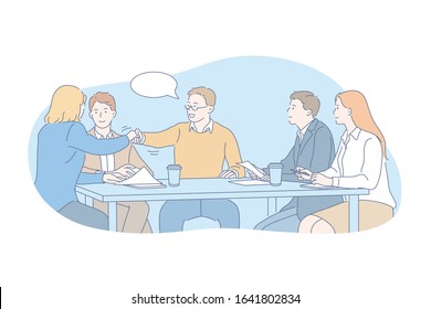 Business team negotiation or interview concept. Team of young boys and girls have business meeting at company office. Businessman shakes hand, greet or congratulate his colleagues. Simple flat vector