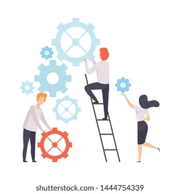 Business Team, Office Colleagues Constructing Mechanism, People Working Together in Company, Teamwork, Cooperation, Partnership Vector Illustration