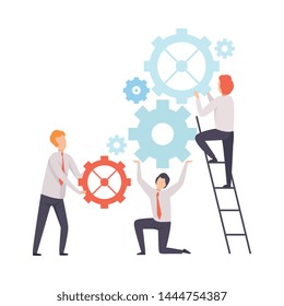 Business Team, Office Colleagues Launching Mechanism, People Working Together in Company, Teamwork, Cooperation, Partnership Vector Illustration