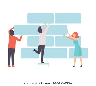 Business Team, Office Colleagues Supporting Brick Wall, People Working Together in Company, Teamwork, Cooperation, Partnership Vector Illustration