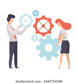 Business Team, Office Colleagues Working with Mechanism, People Working Together in Company, Teamwork, Cooperation, Partnership Vector Illustration