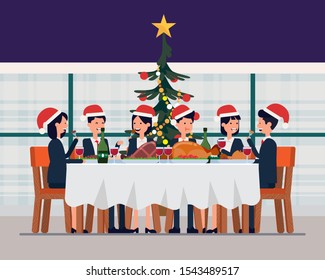 Business team in office dinner celebration christmas and happy new year.  People in santa claus hats having corporate xmas party