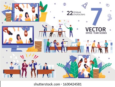 Business Team Office, Distance Work and Communication Trendy Flat Vector Scenes Set. Company Employees Negotiation, Coworkers Communication Online, Startup Developers Teamwork Meeting Illustrations