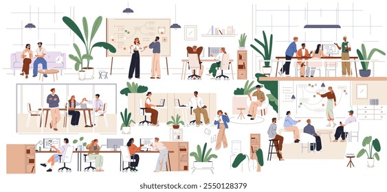 Business team in office interior, modern professional corporate environment, workspace. Colleagues, work time lifestyle. Workplace scenes. Flat vector illustration isolated on white background