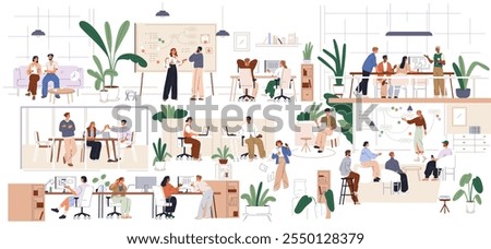 Business team in office interior, modern professional corporate environment, workspace. Colleagues, work time lifestyle. Workplace scenes. Flat vector illustration isolated on white background