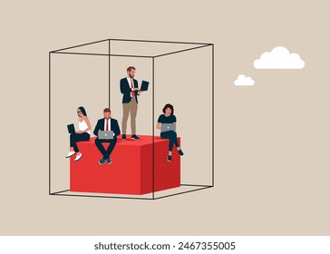 Business team or office people, working with laptop computers, sitting inside the box, presenting to introvert people. Flat vector illustration.