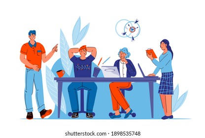 Business team in office sitting at table and discussing work. Business team brainstorming meeting group, cartoon vector illustration isolated on white background.
