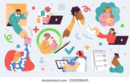 Business team. Office teamwork. Project startup. Communication via computer. Work at laptop. Company cooperation. Corporate management. Professional community. People chatting online. Vector concept