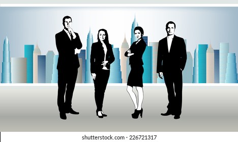 business team in office. In window skyscrapers with sky