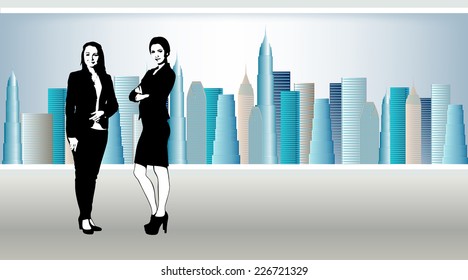 business team in office. In window skyscrapers with sky