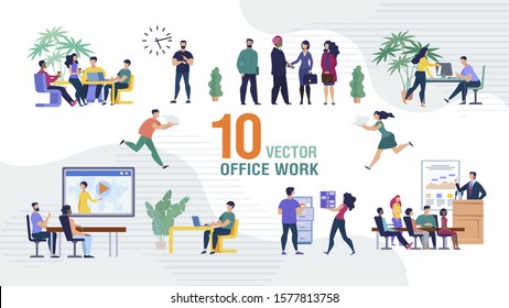 Business Team Office Work Trendy Flat Vector Isolated Scenes Set. Business Company Employees, Office Workers Sitting on Meeting or Seminar, Working Together, Boss Greeting Foreign Partner Illustration