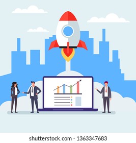 Business team office workers characters development new project. Start up new business concept. Vector flat cartoon design graphic isolated illustration