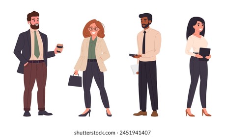Business team. Office workers and colleagues wearing formal business clothes, busy office characters flat vector illustration set. Cartoon professional characters