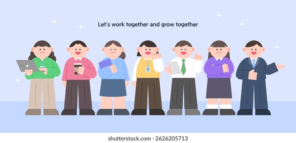 Business team. Office workers smiling and wearing various outfits.