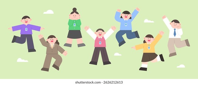 Equipe de negócios. Funcionários de escritório vestindo várias roupas, pulando e sorrindo.