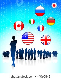 Business team on binary code background with buttons Original Vector Illustration