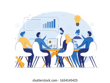 Business Team on Brainstorming Meeting, Company Conference. People Cartoon Characters Discussing Problems, Finding Solution, Sharing Ideas. Creative Thinking and Inspiration. Flat Vector Illustration.