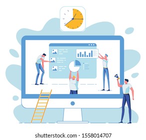 Business Team on Huge Computer Monitor Collect Statistical Data, Analyze Project Results. Leader Boss Chief Control Process Shout in Megaphone. Rush, Deadline. Digital Marketing. Vector Illustration