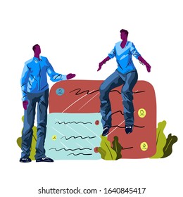 Business team on meeting. Group of people have conversation in a office. People talking online.
Colleagues interact with massager windows. Online chat concept. Vector illustration.