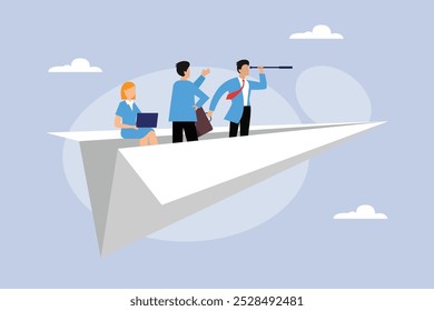 Business Team on Paper Airplane: Leadership and Vision 2d flat vector illustration