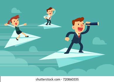 Business team on paper airplanes. Businessman with spyglass and his team flying on paper airplanes searching for new opportunity.