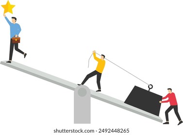 business team on a swing and exceed them, teamwork to get stars from the sky, achieve success, flat vector illustration on white background.