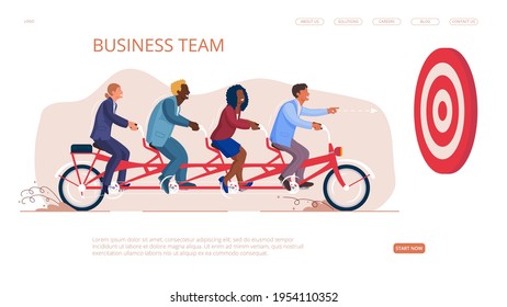 Business team on tandem bike cooperation start now button