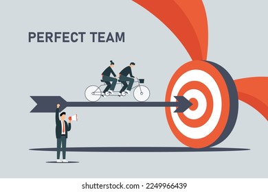 Business team on tandem bike go to the target 2d vector illustration concept for banner, website, illustration, landing page, flyer, etc