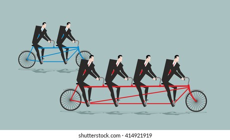 Business team on tandem. Long bike. Many managers. Large company ahead of small organization. Competitions between departments in office
