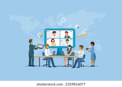 Business team online conference, brainstorming, analyzing business graph chart in meeting room. Tele communication and wireless technology for business analysis success growth and achievement.  Vector