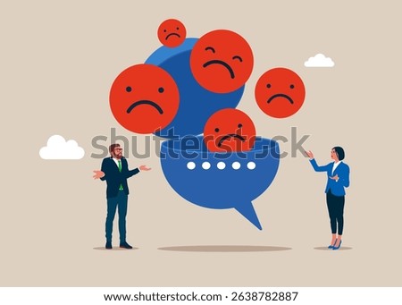 Business team open feedback speech bubble to see discussion, conversation positive thinking, wicked faces symbols. Burnout from tiring work or demotivation from failure, stress. Vector illustration