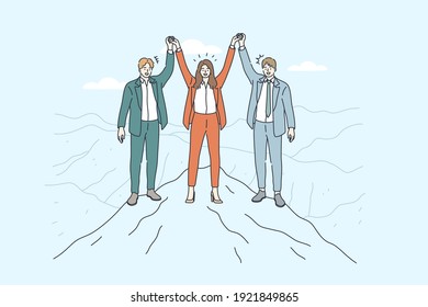 Business Team, Partnership, success concept. Group of business people standing on top of mountain with hands raised celebrating collective common corporate success together in cooperation